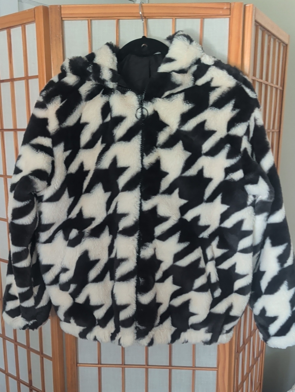 H&M Black & White Houndstooth Faux Fur Bomber Jacket